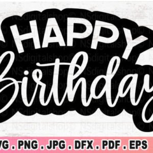 Minimal black and white Happy Birthday SVG with hearts – birthday svg free