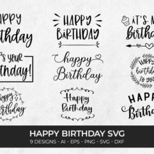 Happy Birthday SVG bundle preview – 9 birthday svg designs collection