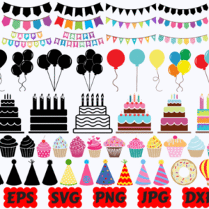 Happy Birthday SVG bundle with cakes, balloons, hats and banners – birthday svg collection