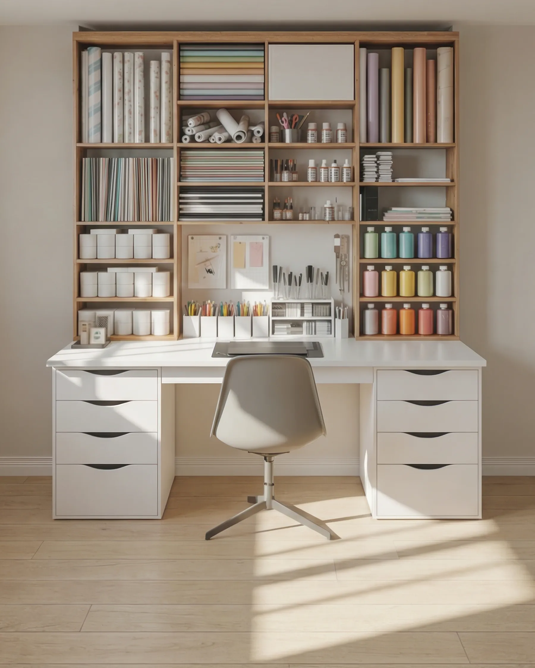 Organized craft workspace with tools, materials, and storage for makers and DIY projects